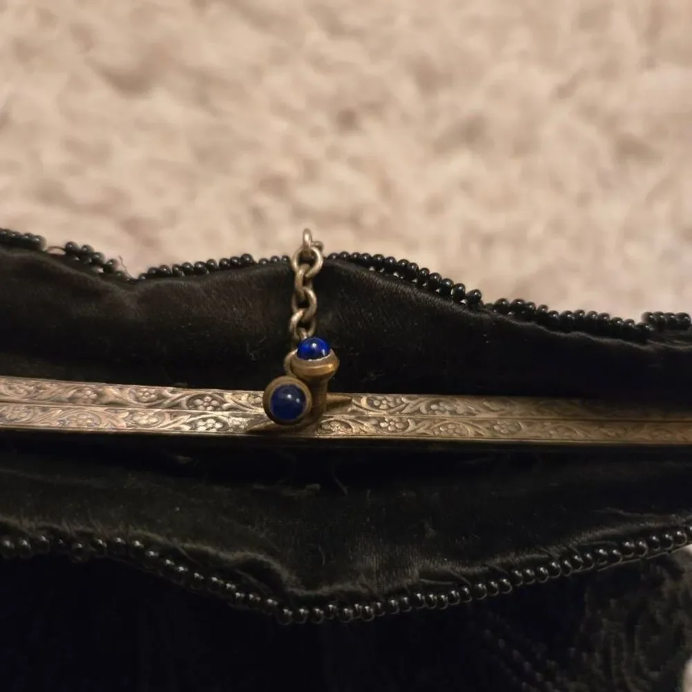 Vintage 1920s Black Micro Bead Purse with Coin Purse & Mirror Kiss Closure